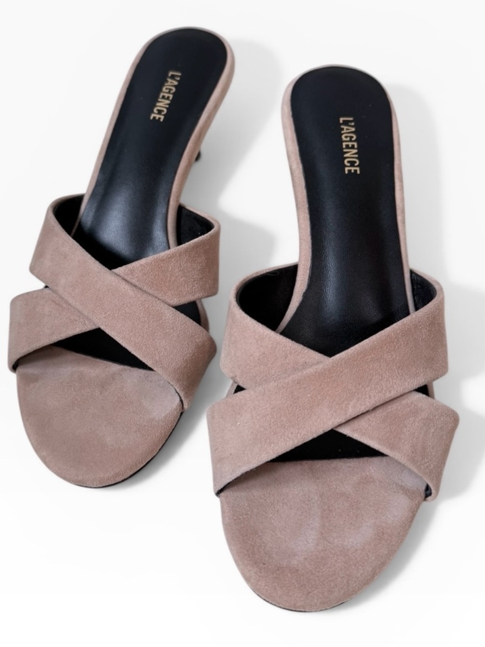L'AGENCE Aveline Suede Crisscross Kitten Heel Slide Sandal Cappuccino Tan Size 6 - Picture 6 of 12